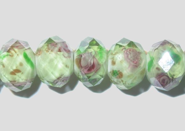 Rondelle - Floral Faceted - 12mm - Lt Green - 16cm Strand