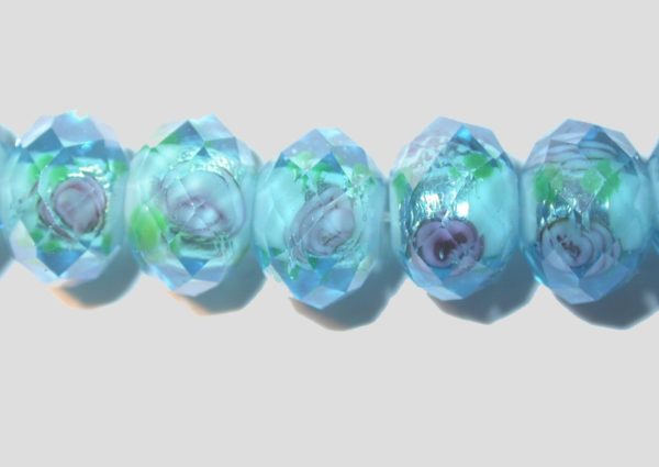 Rondelle - Floral Faceted - 12mm - Aqua - 16cm Strand