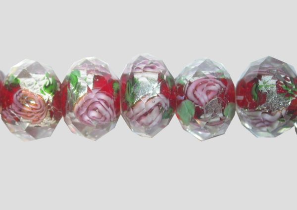 Rondelle - Floral Faceted - 12mm - Red - 16cm Strand