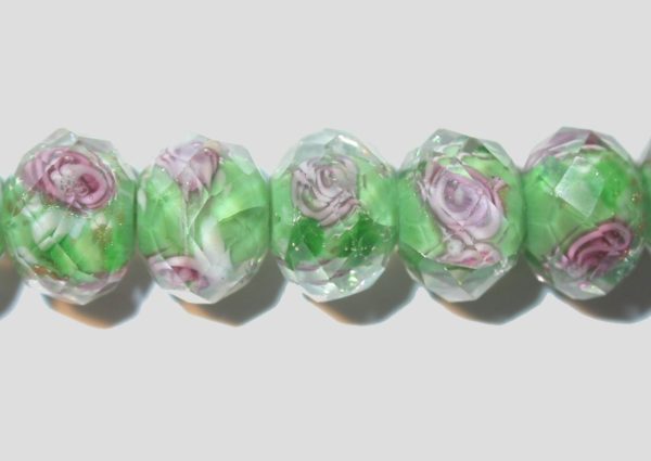 Rondelle - Floral Faceted - 12mm - Green - 16cm Strand