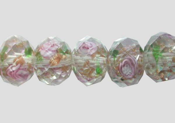 Rondelle - Floral Faceted - 12mm - Pink - 16cm Strand