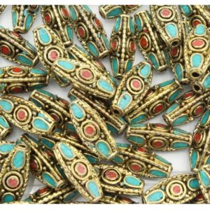 Navette Shape - 18 x 8mm - Antique Gold / Teale / Red