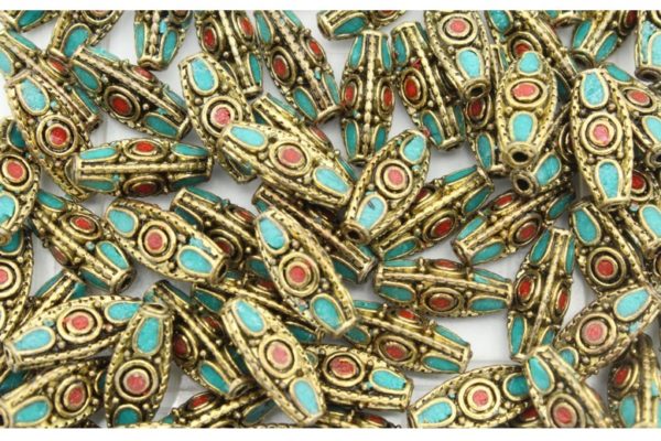 Navette Shape - 18 x 8mm - Antique Gold / Teale / Red