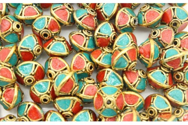 Flat Bicone Shape - 14 x 12mm - Antique Gold / Red / Teale