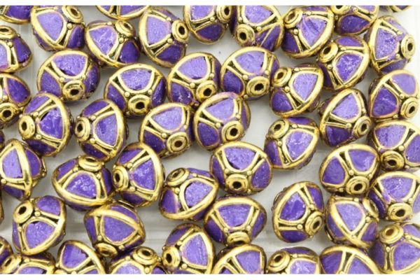 Flat Bicone Shape - 14 x 12mm - Antique Gold / Purple