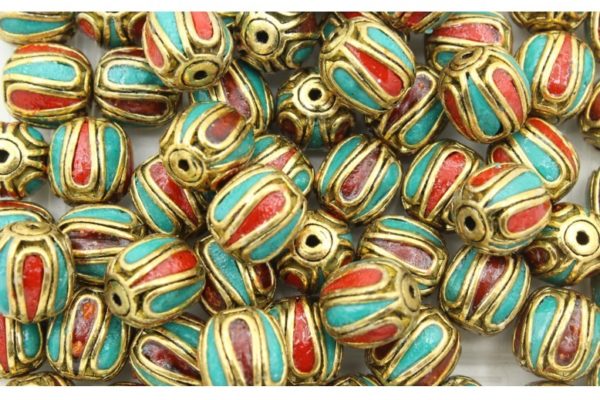 Oval - 12 x 10mm - Antique Gold / Red / Teale