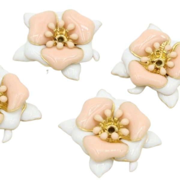 Enamel Flower / Leaf / Stamen - 20mm - White / Apricot