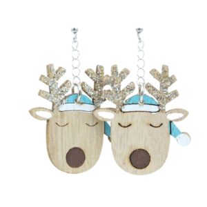 Christmas Earrings - Reindeer / Wood - Blue - 40mm