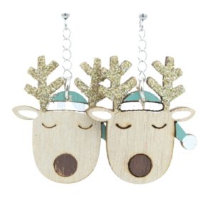 Christmas Earrings - Reindeer / Wood - Teale - 40mm