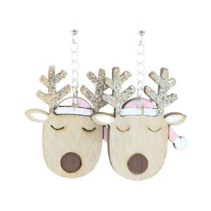 Christmas Earrings - Reindeer / Wood - Pink - 40mm