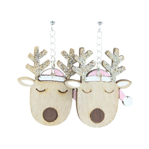 Christmas Earrings - Reindeer / Wood - Pink - 40mm