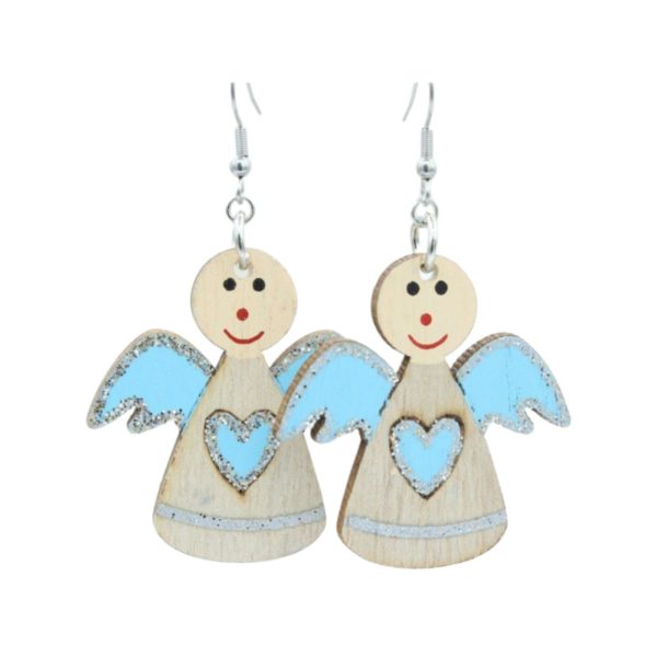 Christmas Earrings - Angel / Wood - Blue - 42mm