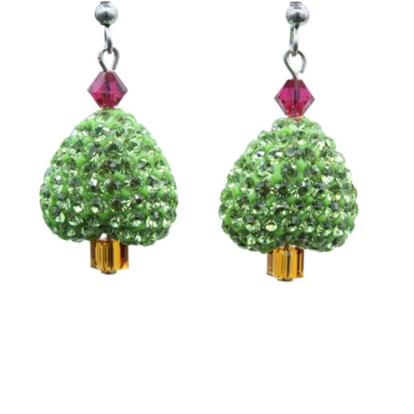 Christmas Earrings - Pave Heart Tree / Crystal - 28mm - Peridot