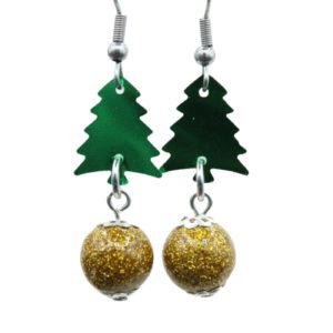 Christmas Earrings - Sequin Tree - Green / Gold - 30mm