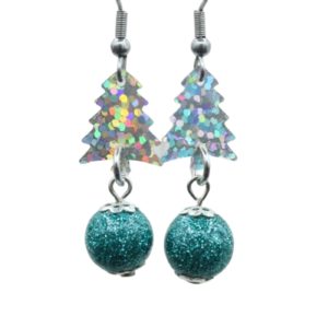 Christmas Earrings - Sequin Tree - Silver Laser / Blue - 30mm