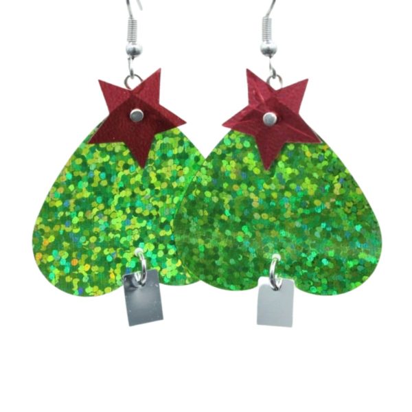 Christmas Earrings - Sequin Tree - Green - 45mm