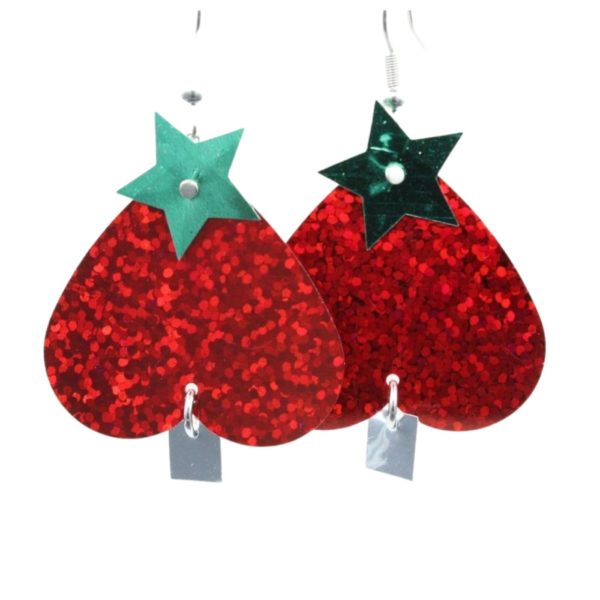 Christmas Earrings - Sequin Tree - Red - 45mm