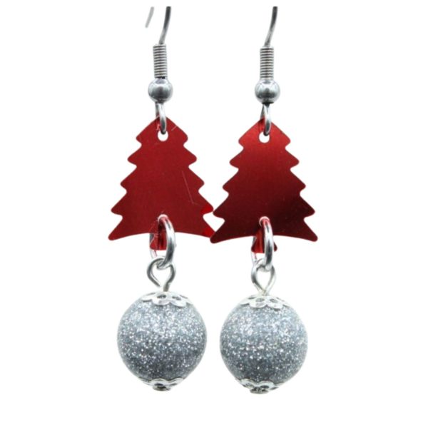 Christmas Earrings - Sequin Tree - Red / Silver - 30mm