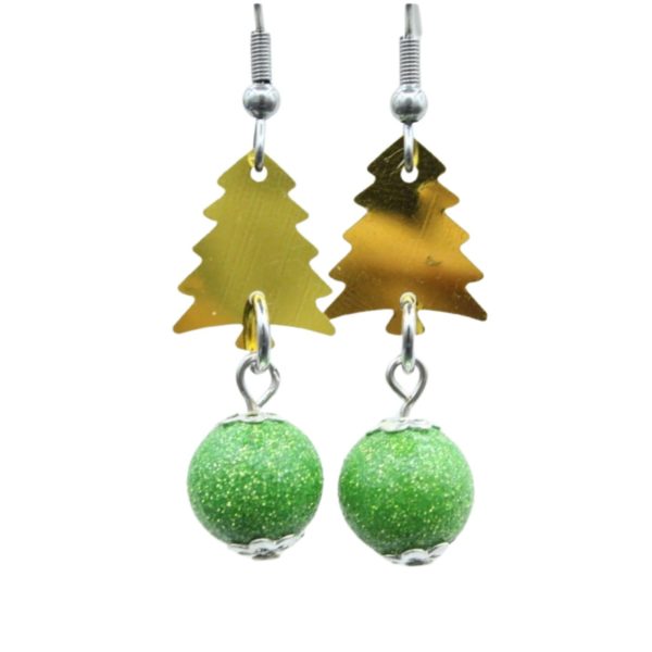 Christmas Earrings - Sequin Tree - Gold / Green - 30mm