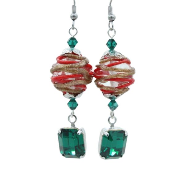 Christmas Earrings - Swirl Lampwork / Crystal - 40mm