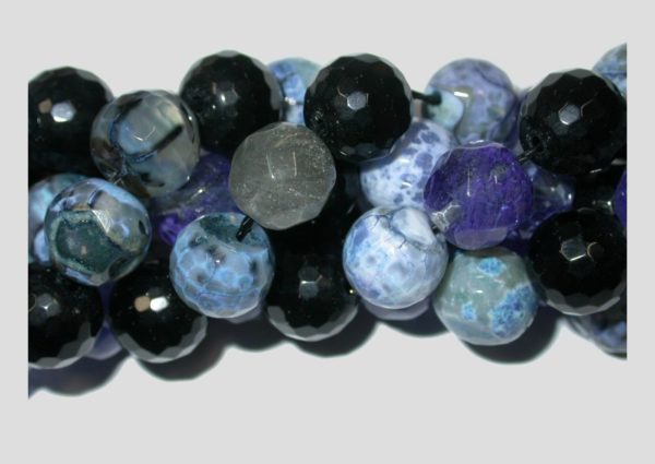 Agate - 12mm Round Faceted - Black / Blue - 36cm Strand