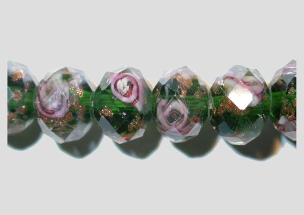 Rondelle - Floral Faceted - 10mm - Green - 16cm Strand