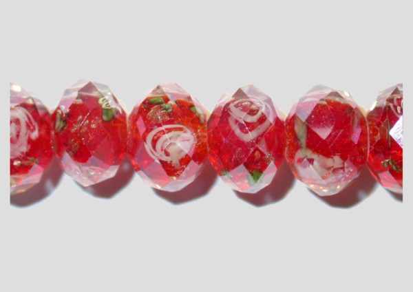 Rondelle - Floral Faceted - 10mm - Red - 16cm Strand